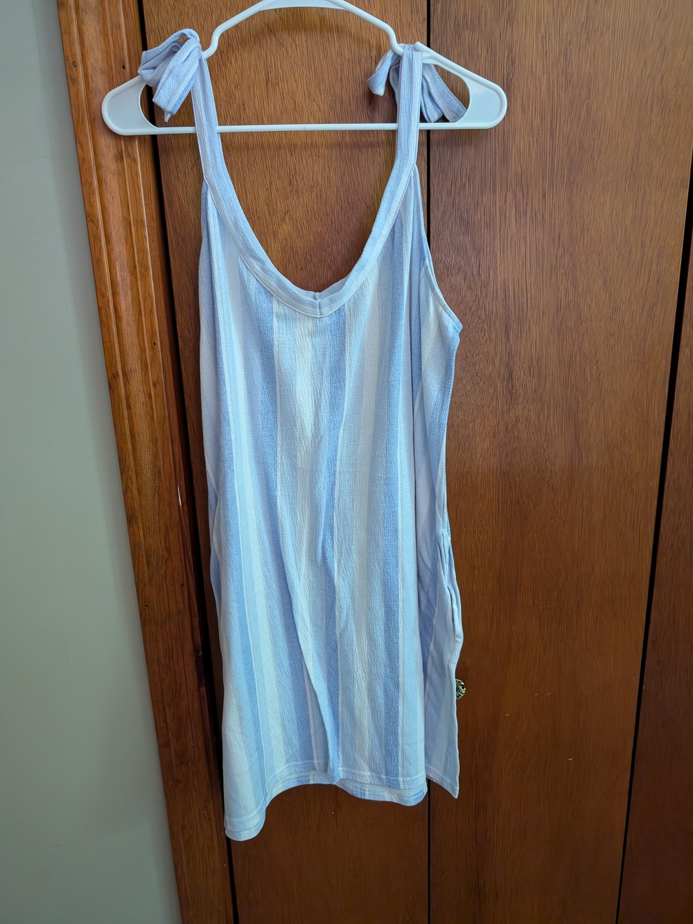 Laura Ashley Light Blue & White Striped Tie-Shoulder Tank Dress